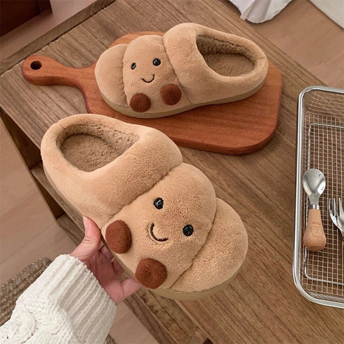 Croissant Face Plush Platform Slippers