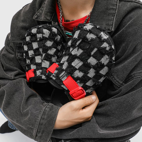 Frayed Checkerboard Buckle Strap Mules