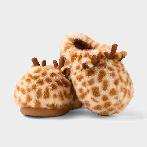 Fuzzy Spotted Antler Plush Slippers