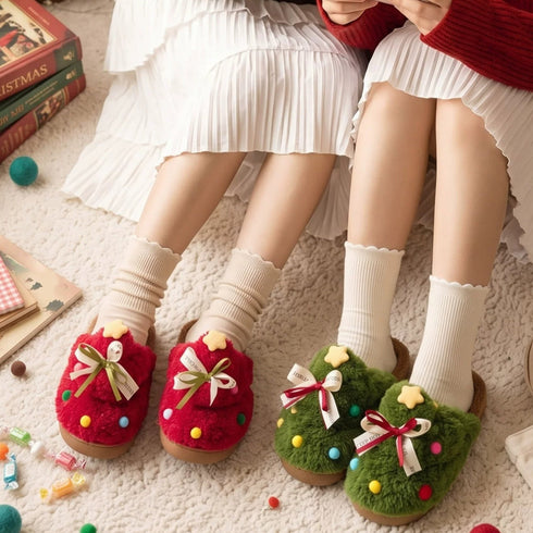 Christmas Tree Bowknot Plush Slippers