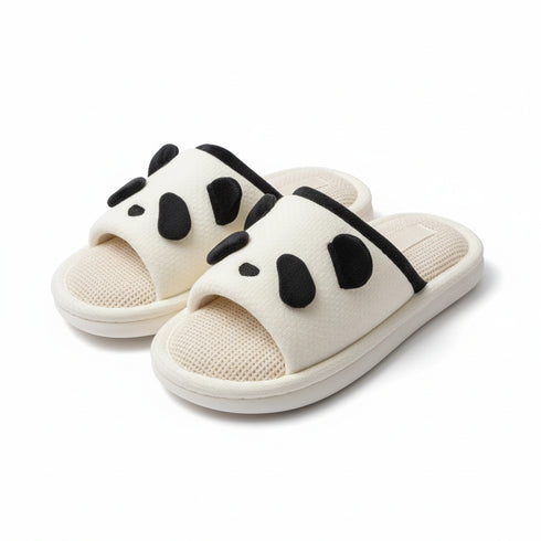 Fuzzy Panda Ear Linen Slides