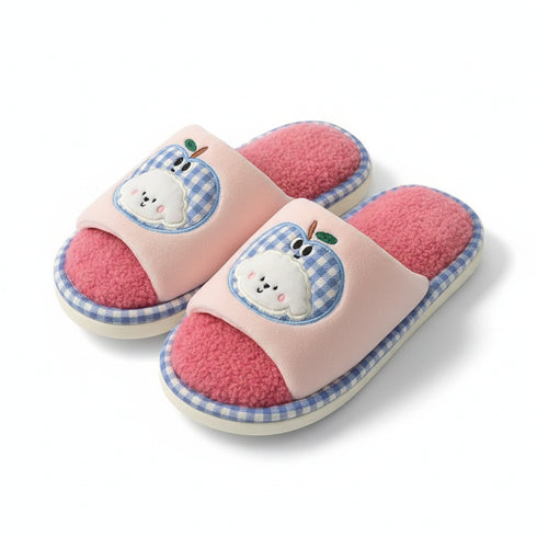 Gingham Apple Pup Plush Slippers