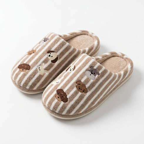 Striped Puppy Embroidered House Slippers