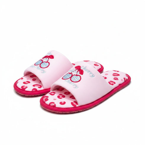 Embroidered Cherry Leopard Print Slides