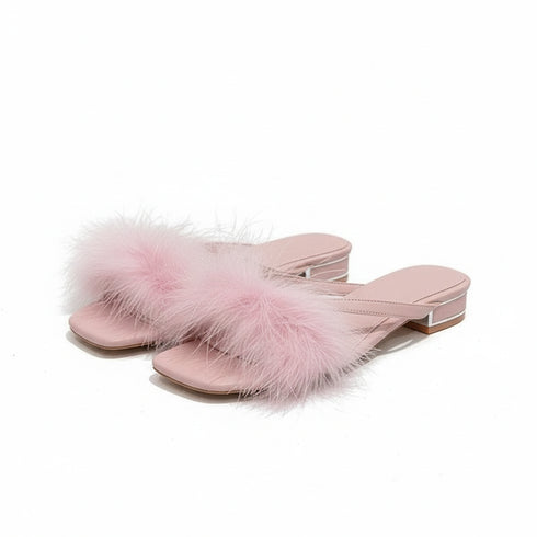 Chic Feather Trim Square Toe Slides