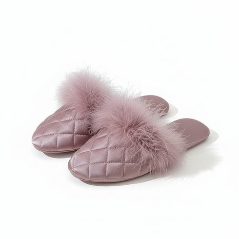 Feather-Pom Quilted Lounge Slippers
