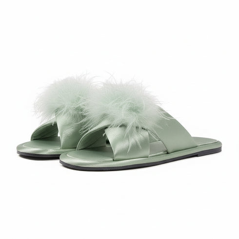 Elegant Feather Satin Flat Slides