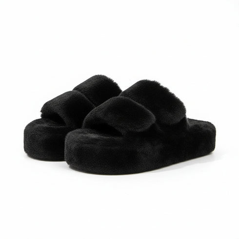 Plush Double-Strap Platform Slippers