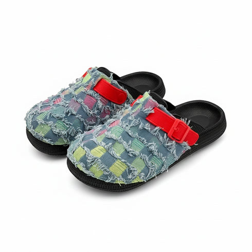 Frayed Checkerboard Buckle Strap Mules