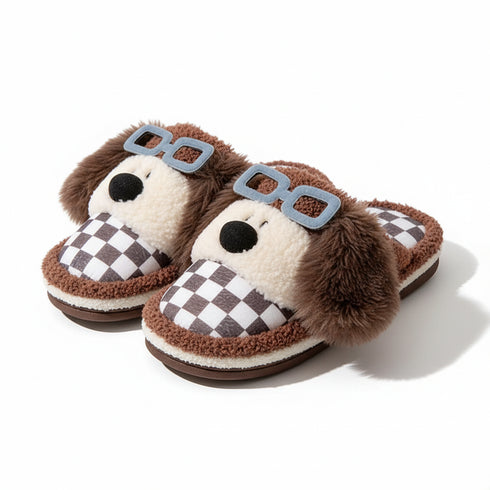 Puppy Glasses Checkered Plush Slippers