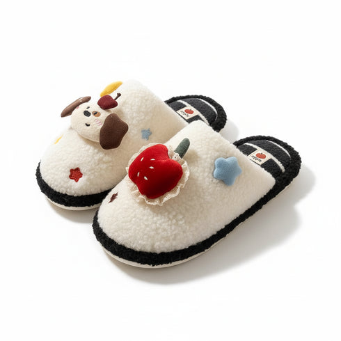 Mismatched Puppy Apple Plush Slippers