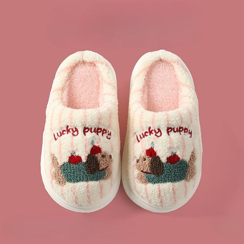Embroidered Striped Puppy Plush Slippers