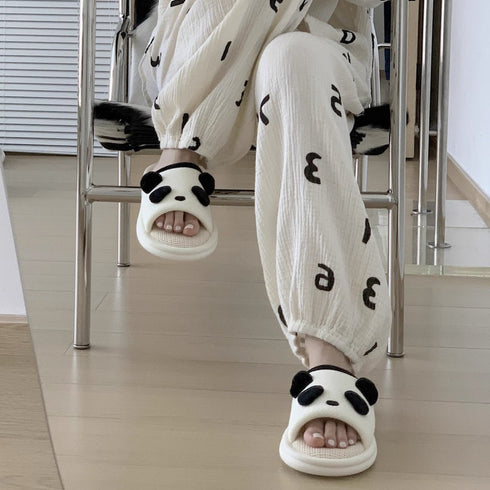 Fuzzy Panda Ear Linen Slides