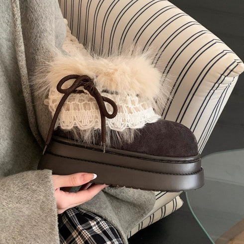 Fuzzy Lace Trim Platform Ankle Boots
