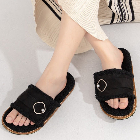 Pearl Buckle Fuzzy Warm Slides