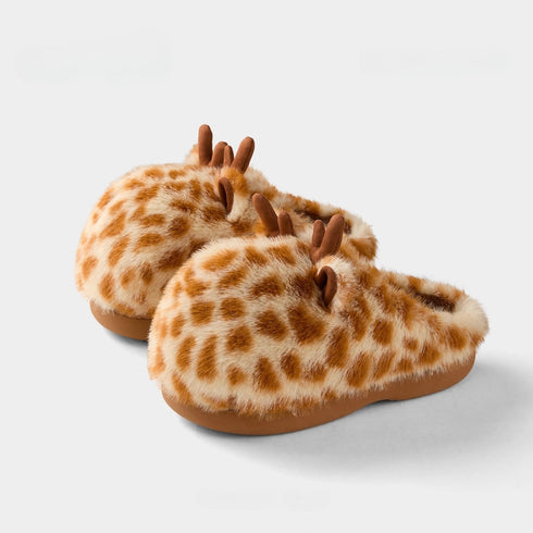 Fuzzy Spotted Antler Plush Slippers