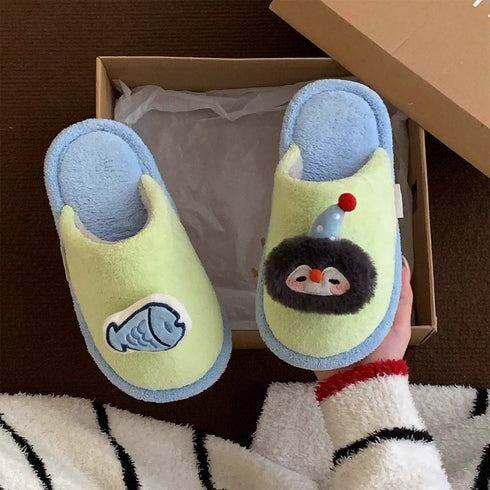 Playful Penguin Fish Fuzzy Slippers