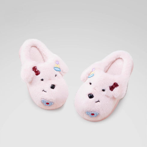 Fuzzy Puppy Face Bow Slippers