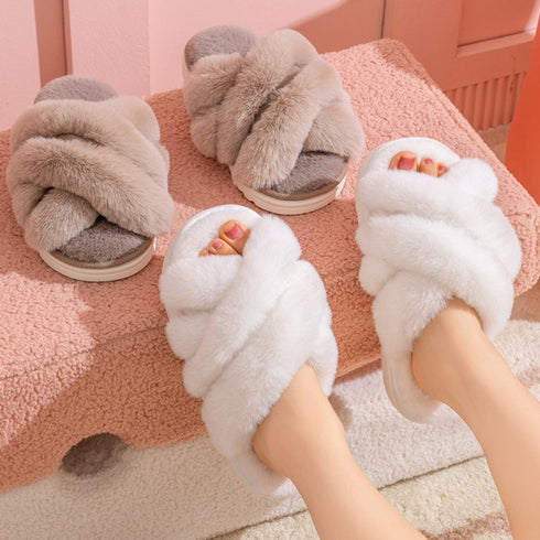 Plush Crisscross Open-Toe Slippers