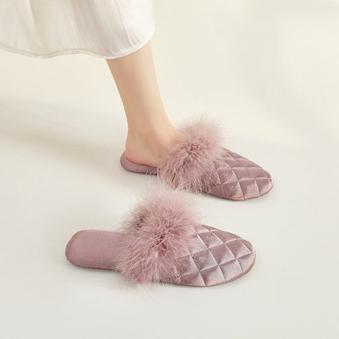 Feather-Pom Quilted Lounge Slippers