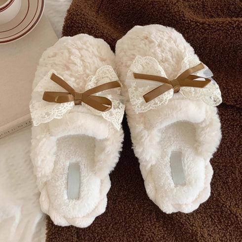 Lace Bow Plush House Slippers