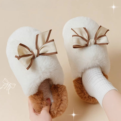 Ribbon Bowknot Fuzzy Platform Slippers