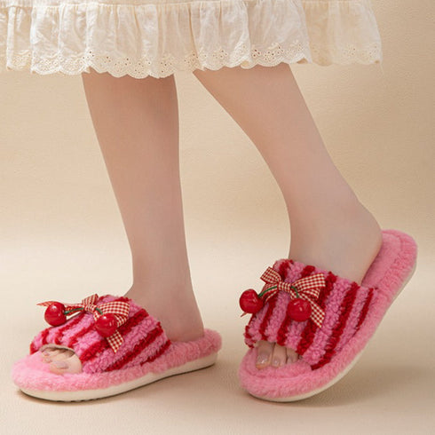 Cherry Bow Stripe Plush Slippers