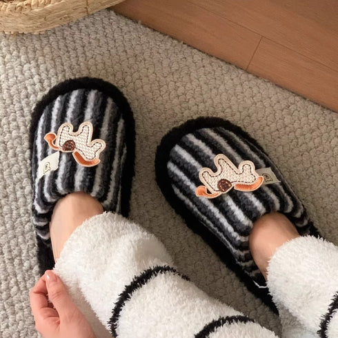 Striped Horse Patch Plush Slippers