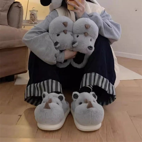 Fuzzy Rhino 3D Animal Slippers