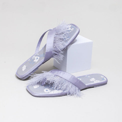 Feather Accent Satin Floral Flip Flops