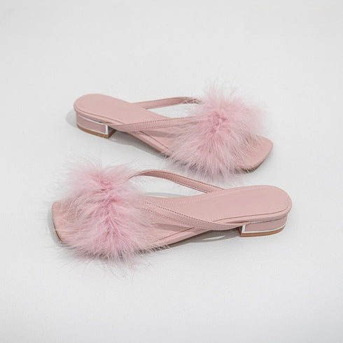 Chic Feather Trim Square Toe Slides