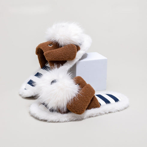 Furry Puppy Striped Plush Slides