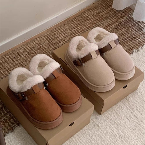 Buckle Strap Plush Clog Slippers