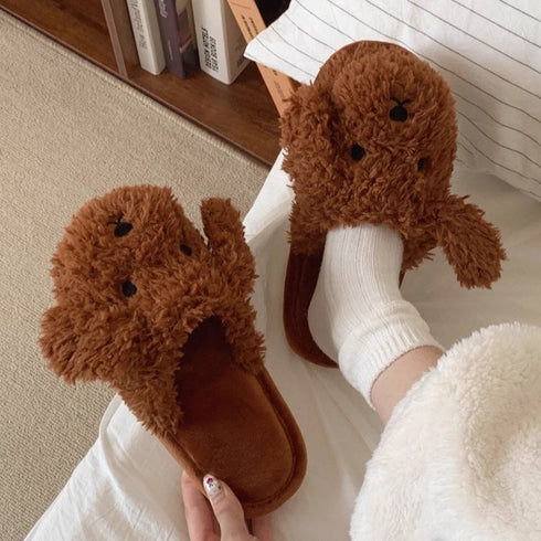 Fuzzy Poodle Dog Plush Slippers
