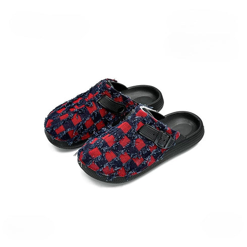 Frayed Checkerboard Buckle Strap Mules