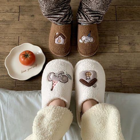 Elephant House Embroidered Plush Slippers