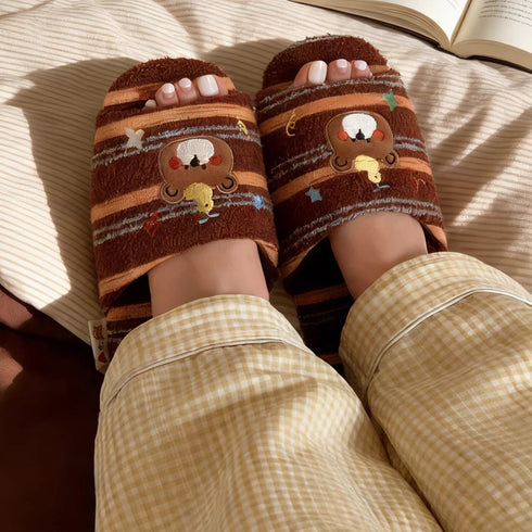 Striped Bear Terry Home Slippers