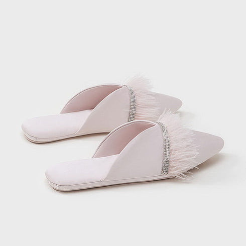 Chic Satin Feather Rhinestone Slides