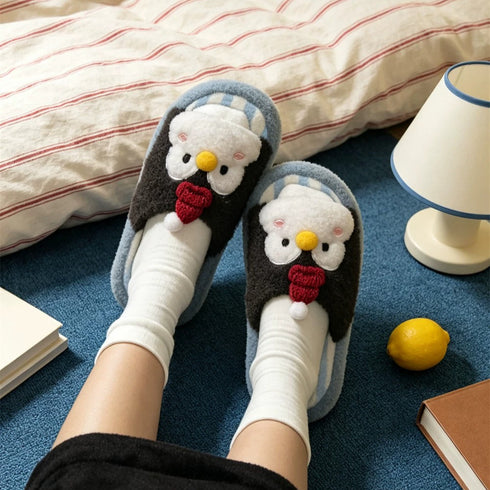 Striped Penguin Beanie Plush Slippers