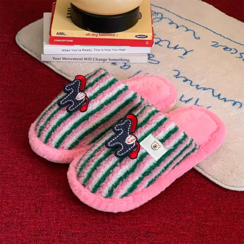 Striped Horse Patch Plush Slippers