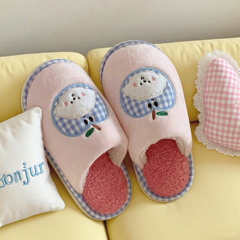 Gingham Apple Pup Plush Slippers