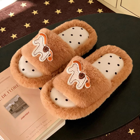 Fun Pony Patch Fuzzy Slippers